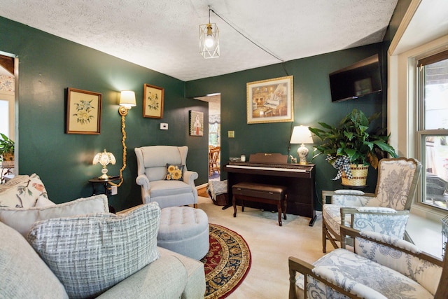 living area featuring light colored carpet and a textured ceiling