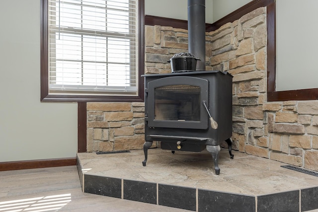 interior details featuring a wood stove