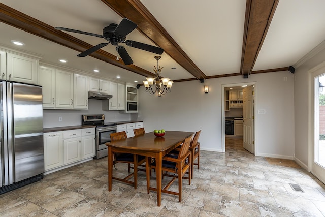 dining area with ornamental molding, beam ceiling, and ceiling fan with notable chandelier