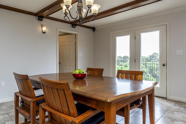 dining room featuring ornamental molding, a notable chandelier, and beam ceiling