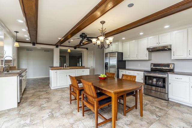 kitchen with sink, appliances with stainless steel finishes, decorative light fixtures, kitchen peninsula, and beamed ceiling