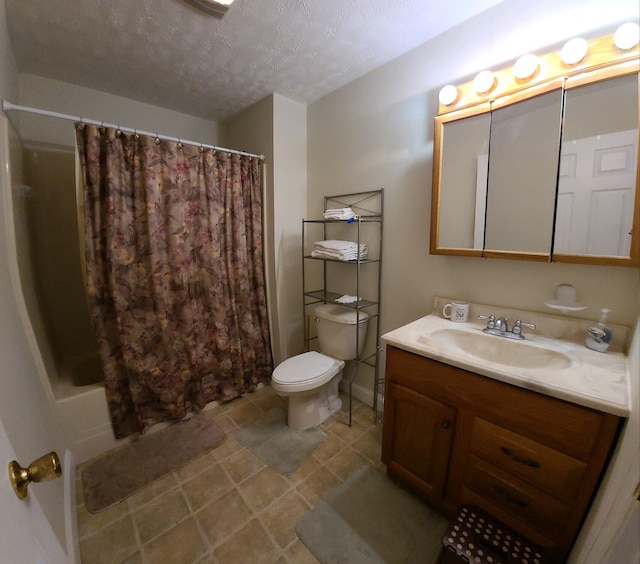 full bathroom featuring a textured ceiling, vanity, toilet, and shower / tub combo with curtain