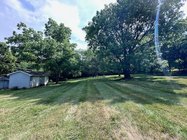 view of yard with a storage shed