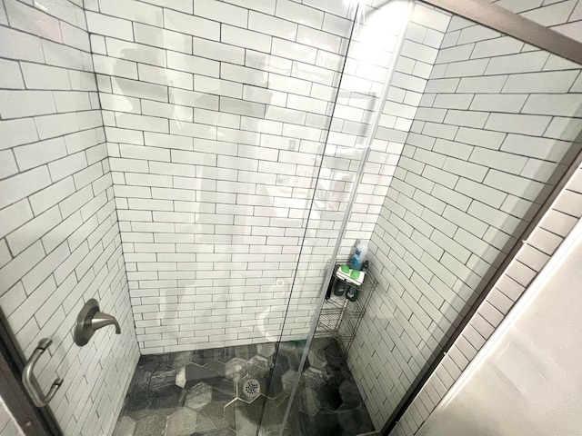 bathroom with a shower with shower door