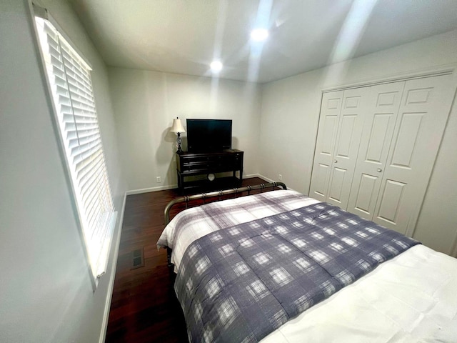 bedroom with multiple windows, a closet, and dark hardwood / wood-style floors