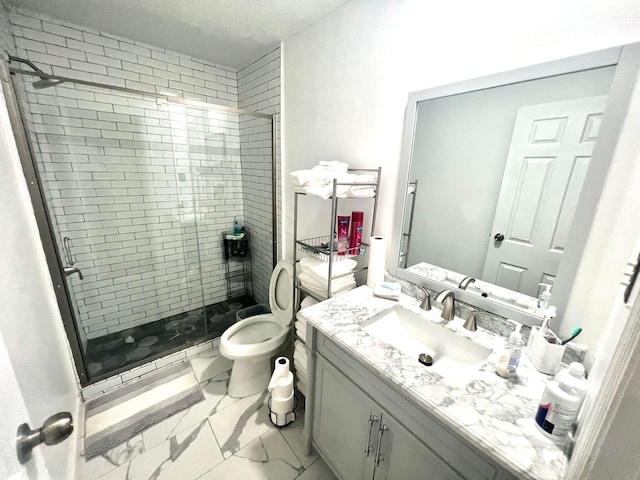 bathroom featuring a shower with door, vanity, and toilet