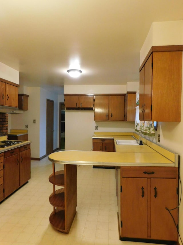 kitchen featuring black stovetop, light countertops, light floors, open shelves, and a sink