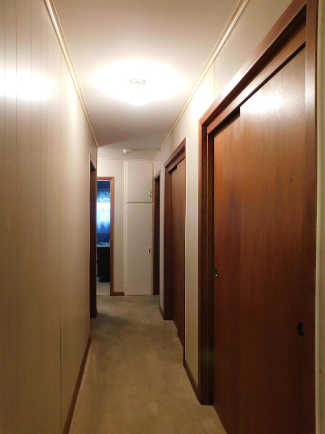 hall featuring ornamental molding and light colored carpet