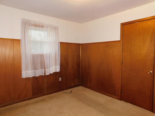 spare room featuring a wainscoted wall, wood walls, and carpet flooring