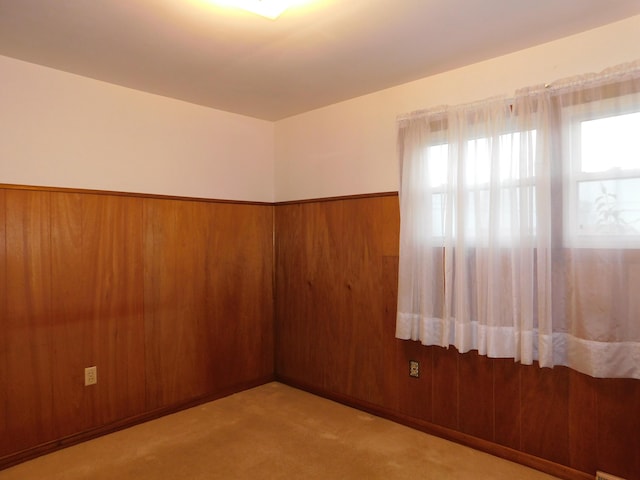 unfurnished room featuring wood walls, carpet, and wainscoting