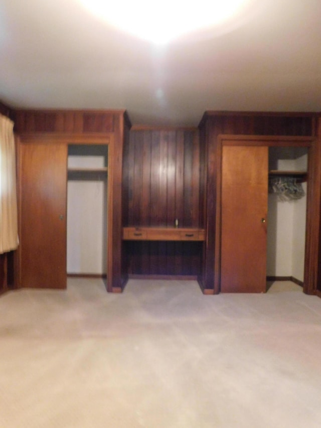 interior space with wooden walls and light colored carpet