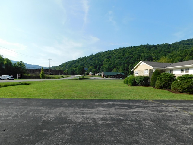 view of property's community featuring a yard and a forest view