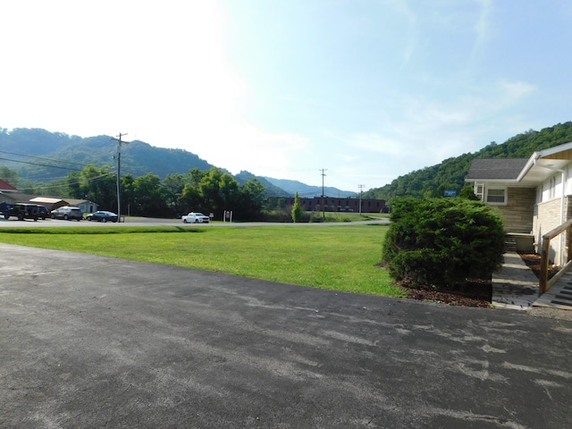 exterior space featuring a yard and a mountain view