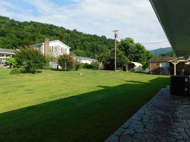 view of yard featuring a shed, an outdoor structure, and central air condition unit