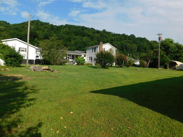 view of yard with a forest view