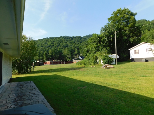 view of yard featuring a forest view