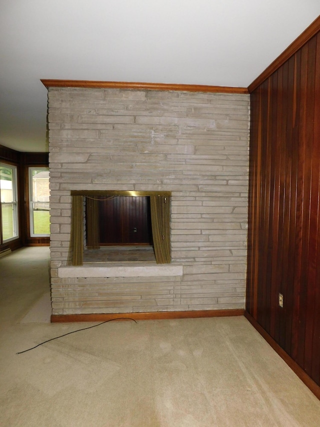 details with wooden walls, baseboards, a glass covered fireplace, carpet, and crown molding