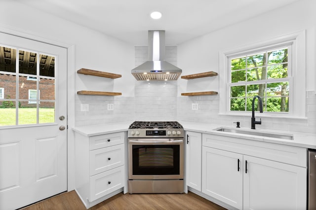 kitchen featuring appliances with stainless steel finishes, light wood-type flooring, sink, exhaust hood, and white cabinetry