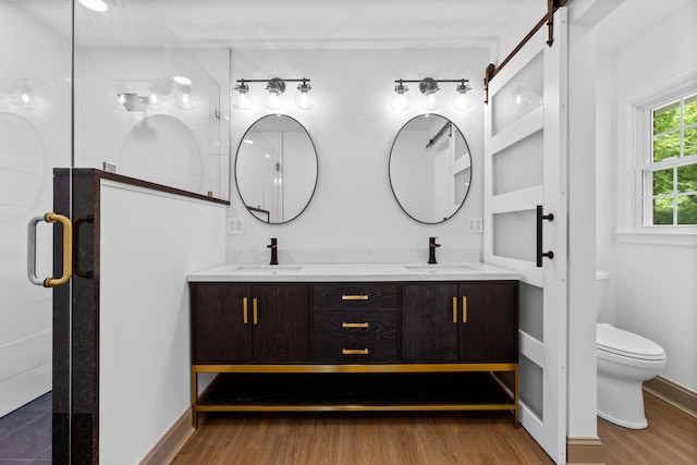 bathroom with vanity, toilet, wood-type flooring, and a shower with door