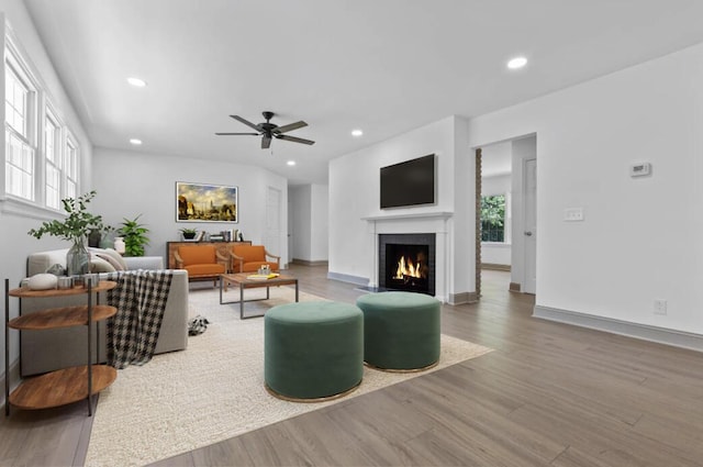 living room featuring hardwood / wood-style floors and ceiling fan