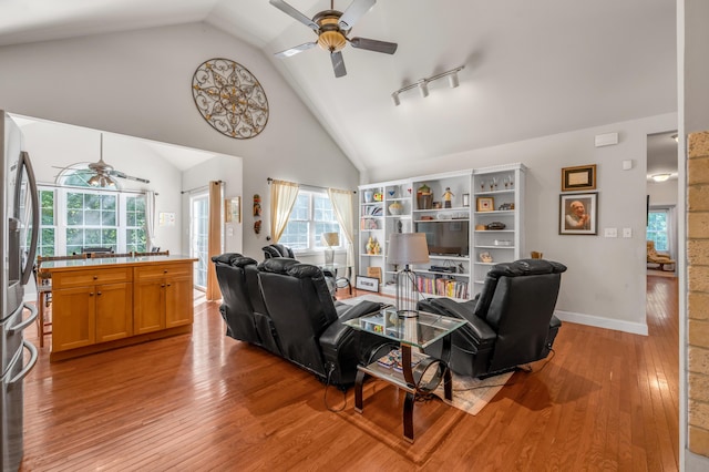 living room featuring lofted ceiling, plenty of natural light, light wood-type flooring, and rail lighting