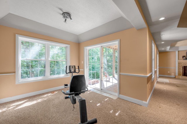 workout room with light carpet and a textured ceiling