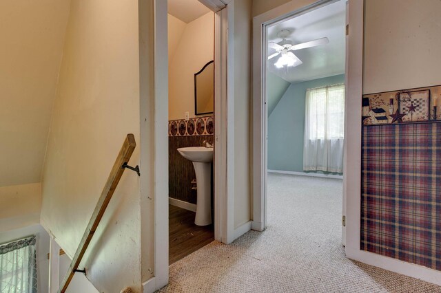 hall featuring light carpet, sink, and vaulted ceiling