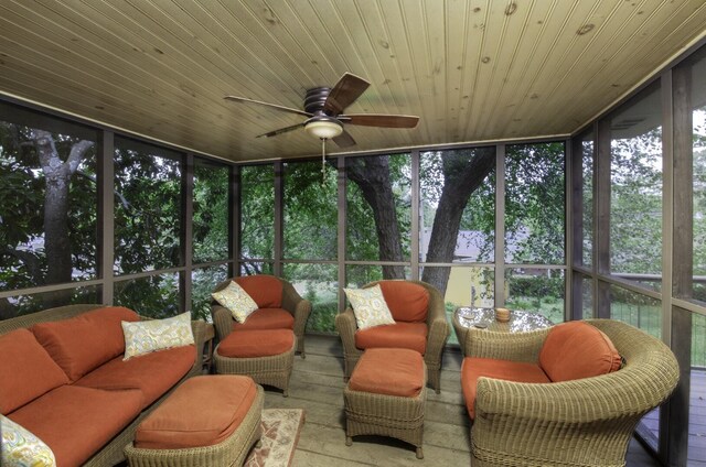 sunroom / solarium featuring wood ceiling and ceiling fan