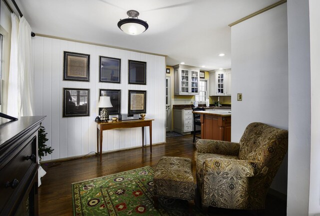 living area featuring ornamental molding and dark wood-type flooring