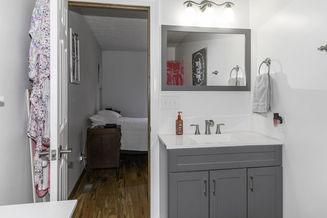 bathroom with hardwood / wood-style floors and vanity