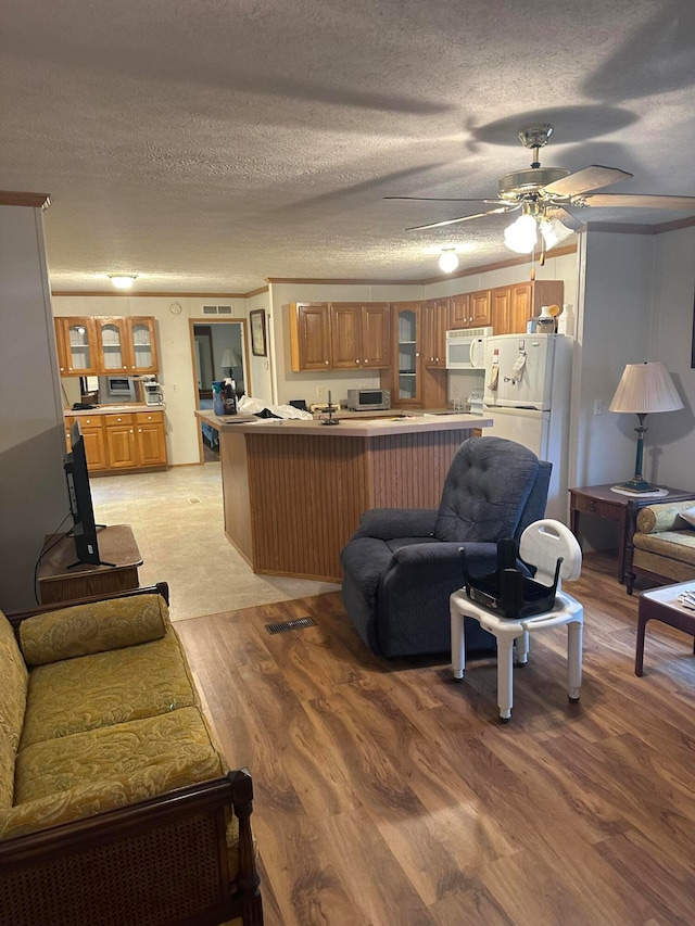 living room featuring light hardwood / wood-style flooring, a textured ceiling, and ceiling fan