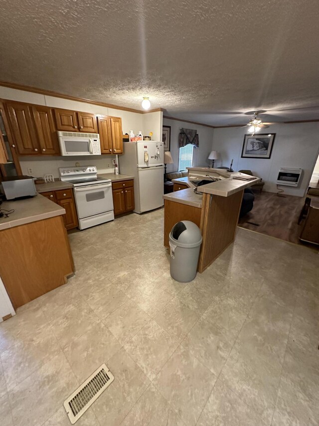 kitchen featuring ornamental molding, light tile patterned floors, ceiling fan, and white appliances