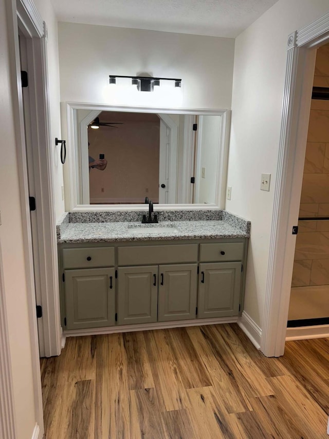 bathroom with vanity and wood-type flooring