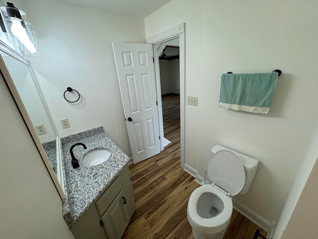 bathroom with vanity, hardwood / wood-style floors, and toilet