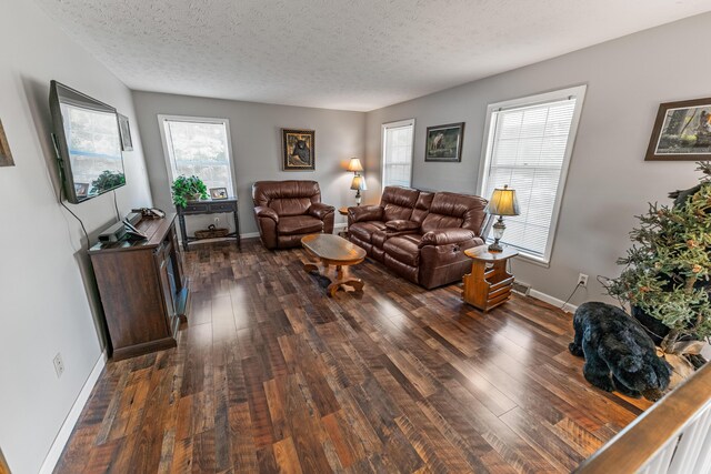 living room with dark hardwood / wood-style floors and a textured ceiling