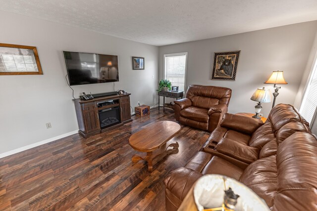 living room featuring dark wood-type flooring and a textured ceiling