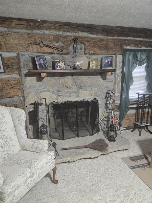 interior details with carpet, a textured ceiling, and a stone fireplace