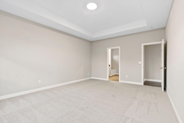 unfurnished bedroom with light colored carpet and a tray ceiling