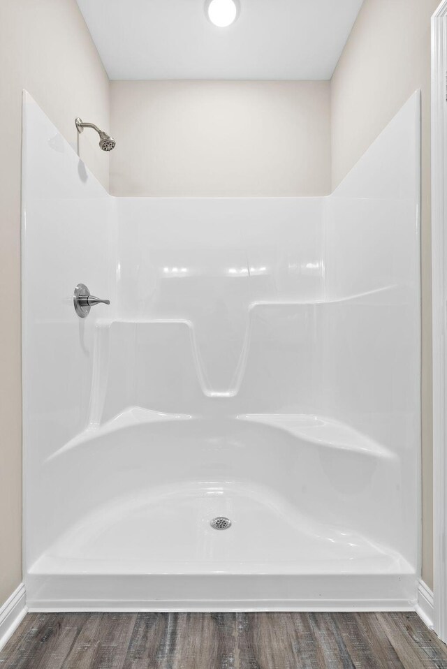 bathroom with wood-type flooring and walk in shower