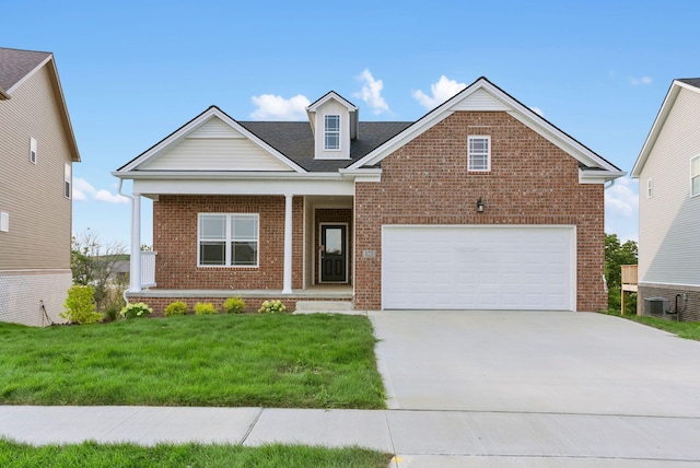 view of front of house featuring central AC unit, a garage, a porch, and a front lawn