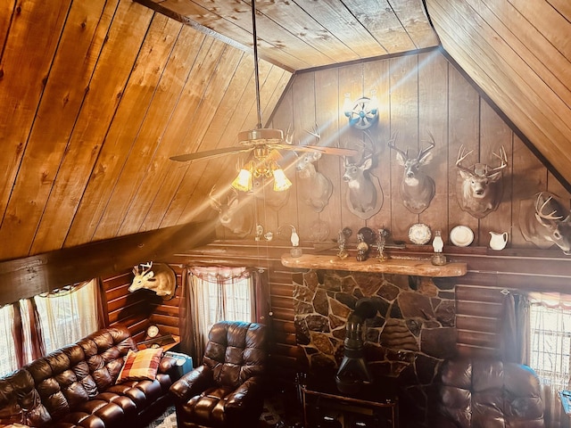 interior space with wooden walls, ceiling fan, wood ceiling, and log walls