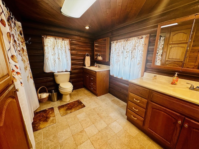 bathroom with wooden ceiling, vanity, toilet, and log walls