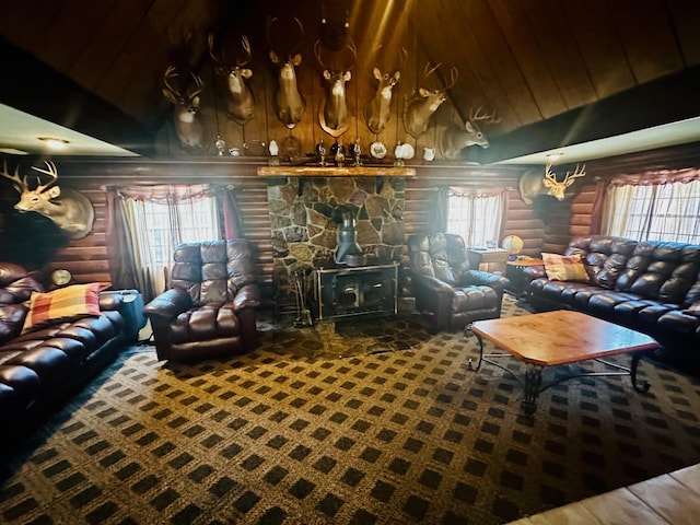 living room featuring a wood stove and log walls