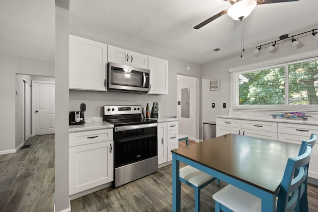 kitchen featuring white cabinetry, ceiling fan, stainless steel appliances, and hardwood / wood-style floors