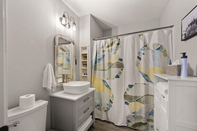 bathroom featuring vanity, hardwood / wood-style flooring, a shower with curtain, and toilet