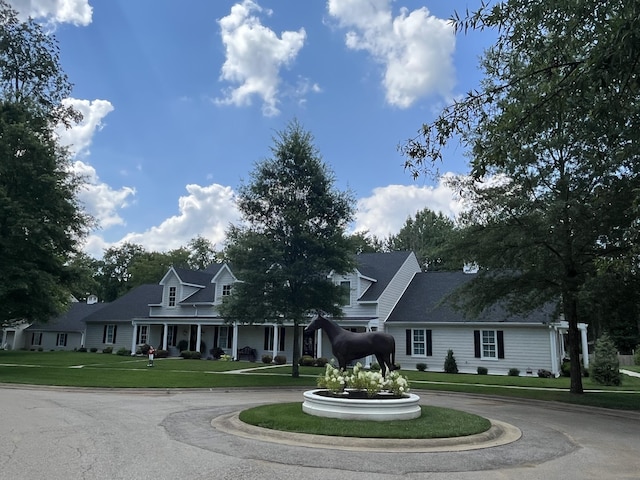 view of front of home featuring curved driveway and a front yard