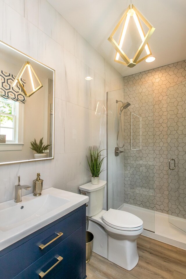 bathroom featuring vanity, toilet, a shower with door, and wood-type flooring