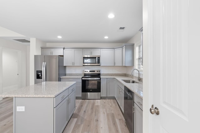 kitchen with stainless steel appliances, light hardwood / wood-style flooring, decorative backsplash, sink, and a kitchen island