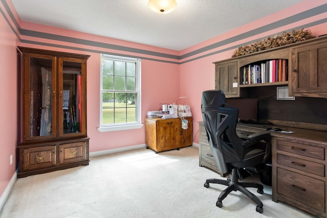 office space featuring light colored carpet and a textured ceiling