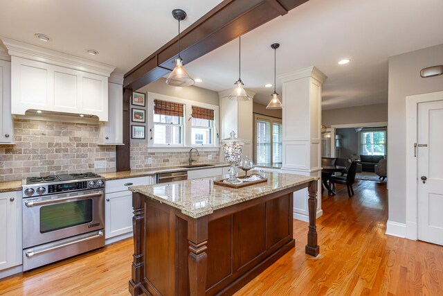 kitchen with white cabinetry, stainless steel appliances, light hardwood / wood-style floors, and a center island